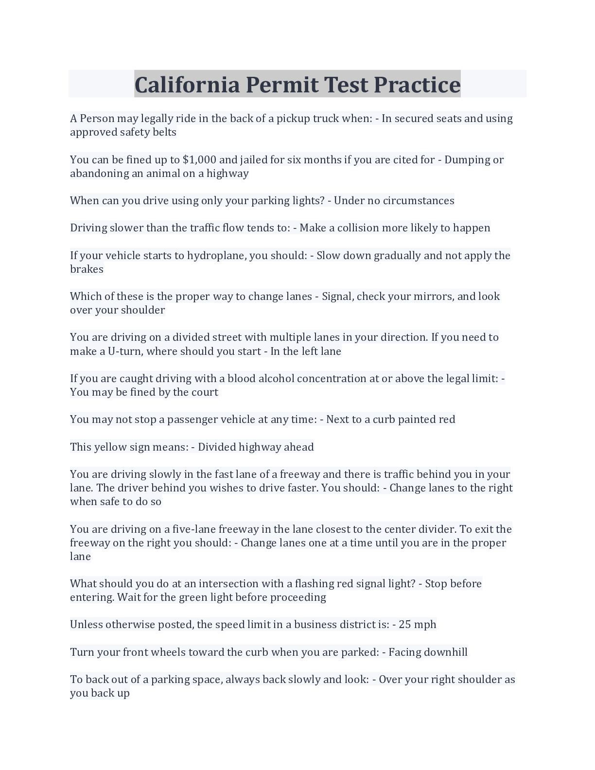 California Drivers Permit Test 2 Questions and Answers 2023. Browsegrades